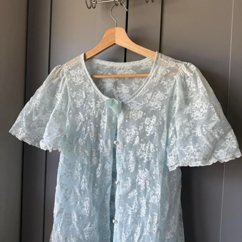 Shadowline Women's Sheer Lace Robe Light Blue Small Vintage Nylon